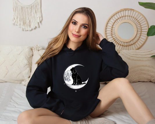 Dog On Crescent Moon Hoodie - Lunar Aesthetic Sweatshirt, Starry Night Pet Lover Gift, Cozy Unisex Hoodie, Celestial Dog Hoodie.