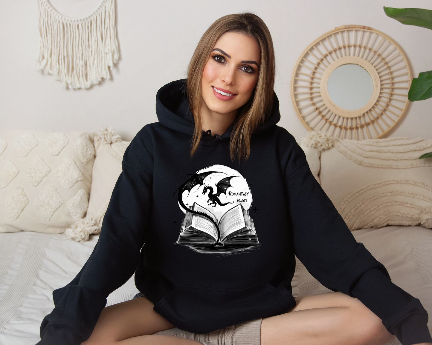 Romantasy Reader Hoodie – Dragon and Book Hoodie, Fantasy Reading Sweatshirt, Book Lover Gift, Magical Storytelling Clothing, Bookish Merch