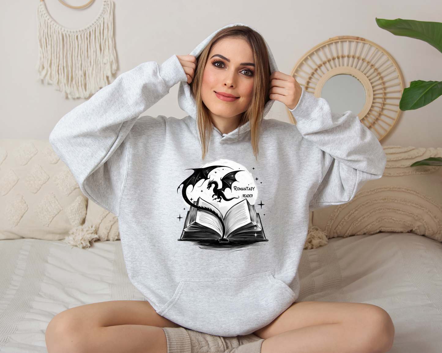 Romantasy Reader Hoodie – Dragon and Book Hoodie, Fantasy Reading Sweatshirt, Book Lover Gift, Magical Storytelling Clothing, Bookish Merch