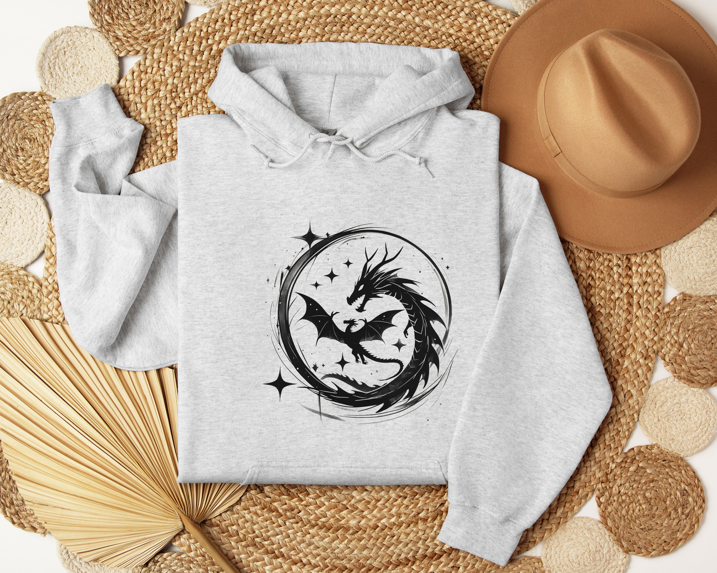 Dragon Circle Hoodie – Fantasy Dragon Sweatshirt, Celestial Stars Hoodie, Mystic Clothing, Gamer Gift, Witchy Dragon Apparel, Book Lover Gift