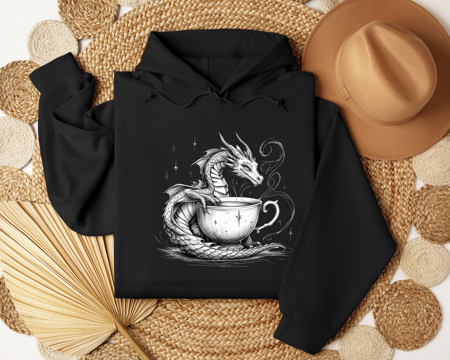 Teacup Dragon Hoodie - Whimsical Dragon Sweatshirt, Fantasy Coffe Lover Hoodie, Cozy Witchy Clothing, Magical Gift, Book Lover Gift.