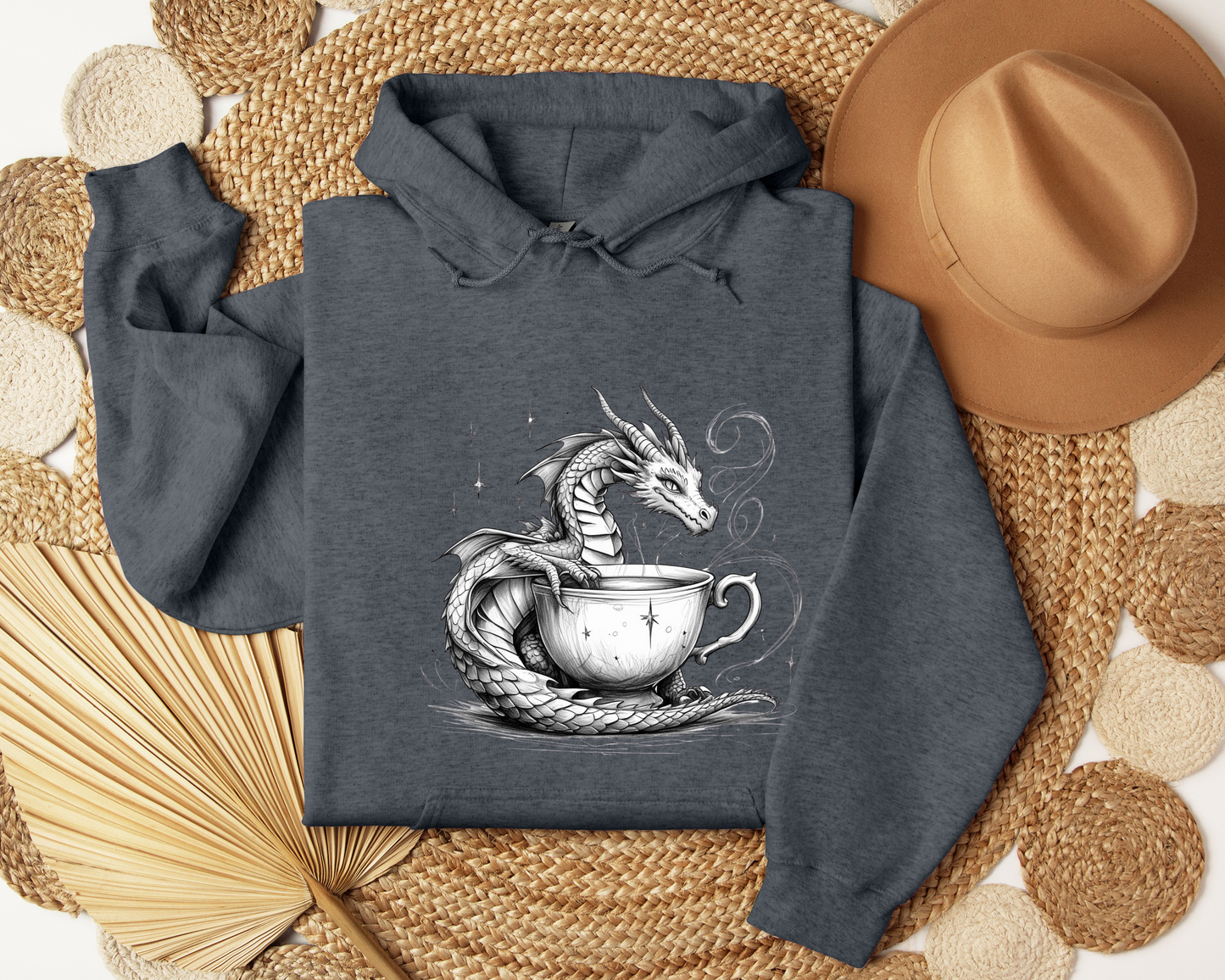 Teacup Dragon Hoodie - Whimsical Dragon Sweatshirt, Fantasy Coffe Lover Hoodie, Cozy Witchy Clothing, Magical Gift, Book Lover Gift.