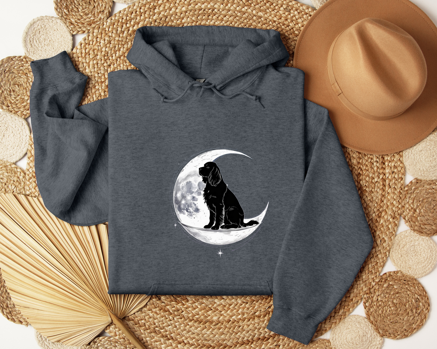Dog On Crescent Moon Hoodie - Lunar Aesthetic Sweatshirt, Starry Night Pet Lover Gift, Cozy Unisex Hoodie, Celestial Dog Hoodie.