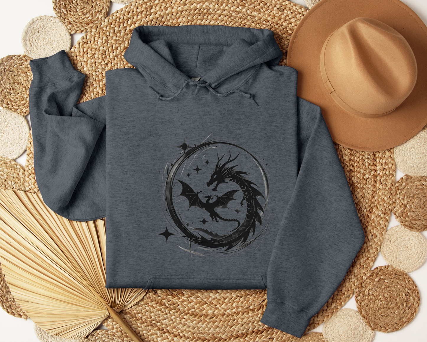 Dragon Circle Hoodie – Fantasy Dragon Sweatshirt, Celestial Stars Hoodie, Mystic Clothing, Gamer Gift, Witchy Dragon Apparel, Book Lover Gift