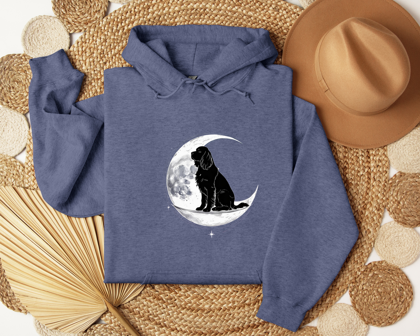 Dog On Crescent Moon Hoodie - Lunar Aesthetic Sweatshirt, Starry Night Pet Lover Gift, Cozy Unisex Hoodie, Celestial Dog Hoodie.