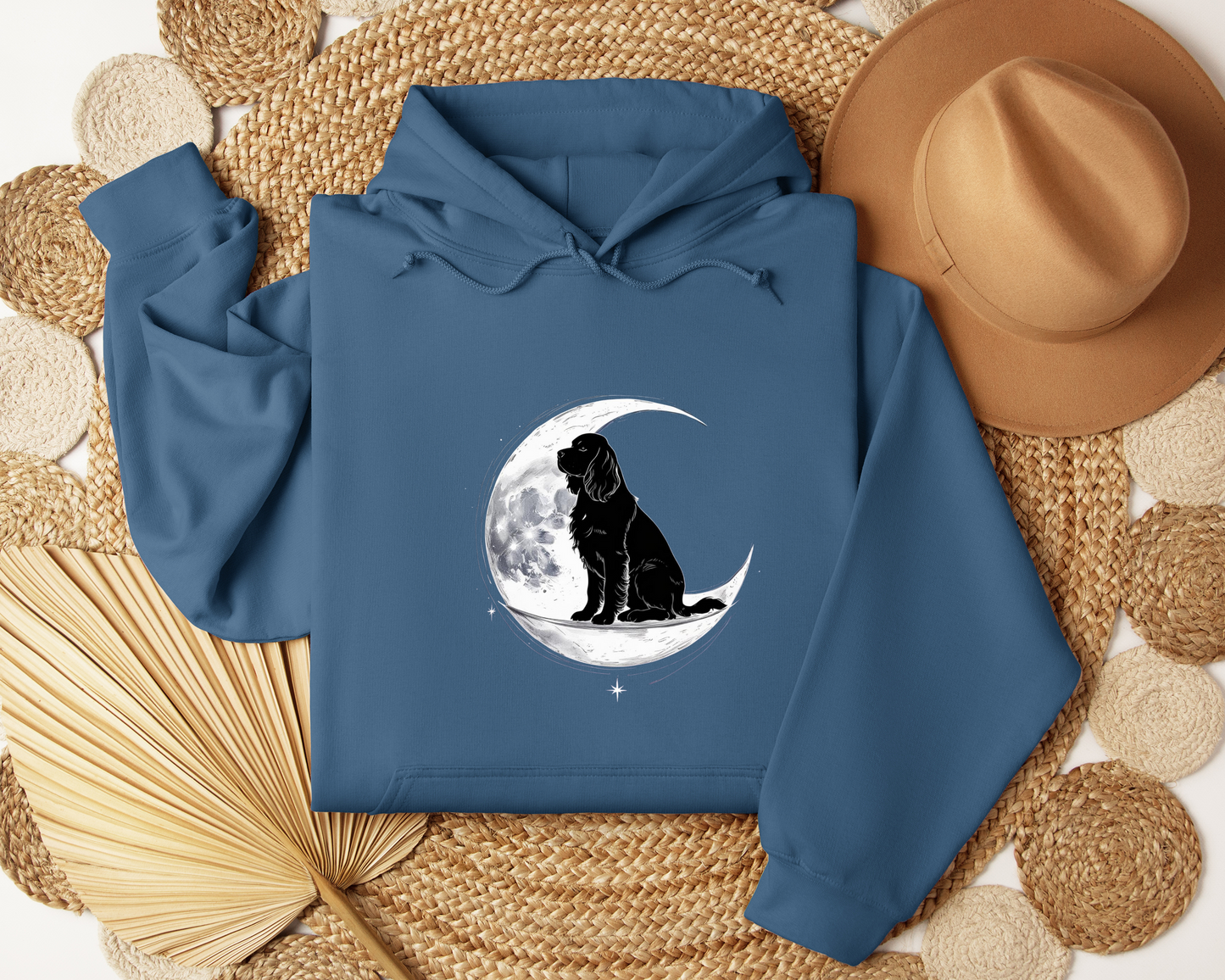 Dog On Crescent Moon Hoodie - Lunar Aesthetic Sweatshirt, Starry Night Pet Lover Gift, Cozy Unisex Hoodie, Celestial Dog Hoodie.