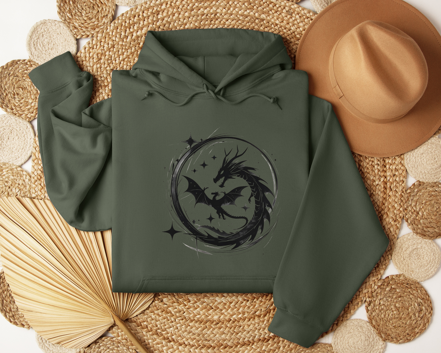 Dragon Circle Hoodie – Fantasy Dragon Sweatshirt, Celestial Stars Hoodie, Mystic Clothing, Gamer Gift, Witchy Dragon Apparel, Book Lover Gift