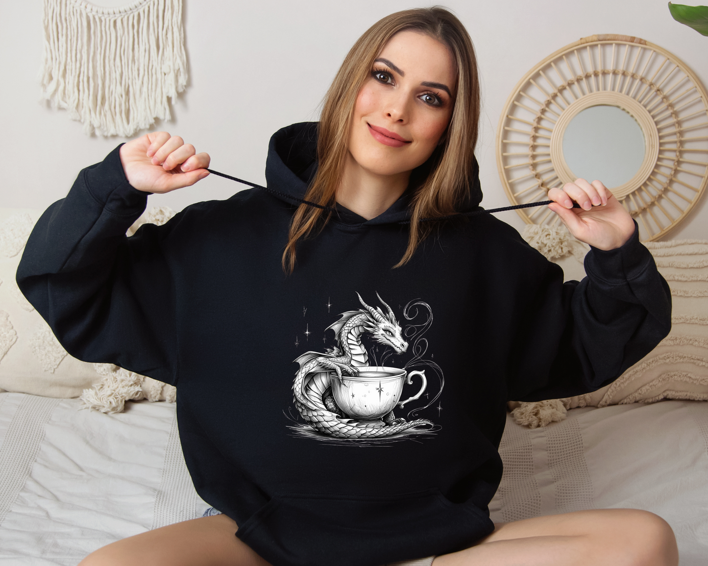 Teacup Dragon Hoodie - Whimsical Dragon Sweatshirt, Fantasy Coffe Lover Hoodie, Cozy Witchy Clothing, Magical Gift, Book Lover Gift.