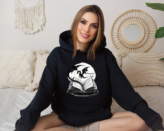 Romantasy Reader Hoodie – Dragon and Book Hoodie, Fantasy Reading Sweatshirt, Book Lover Gift, Magical Storytelling Clothing, Bookish Merch