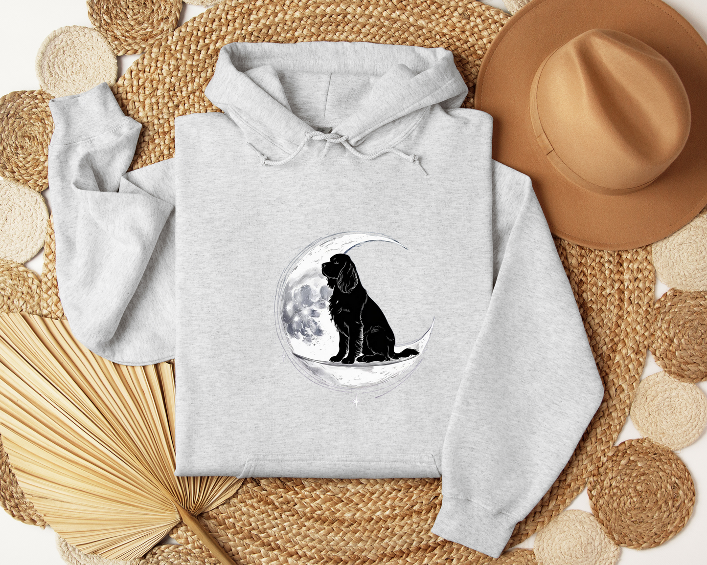 Dog On Crescent Moon Hoodie - Lunar Aesthetic Sweatshirt, Starry Night Pet Lover Gift, Cozy Unisex Hoodie, Celestial Dog Hoodie.
