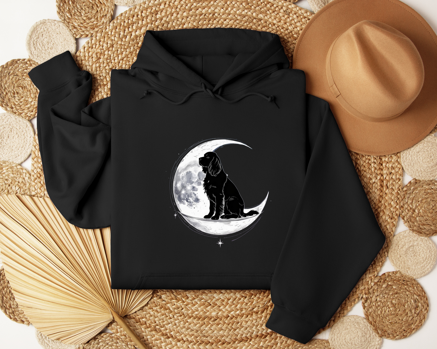 Dog On Crescent Moon Hoodie - Lunar Aesthetic Sweatshirt, Starry Night Pet Lover Gift, Cozy Unisex Hoodie, Celestial Dog Hoodie.