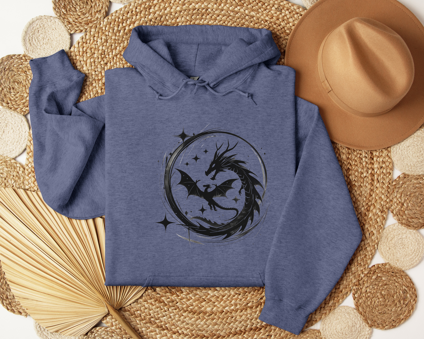 Dragon Circle Hoodie – Fantasy Dragon Sweatshirt, Celestial Stars Hoodie, Mystic Clothing, Gamer Gift, Witchy Dragon Apparel, Book Lover Gift
