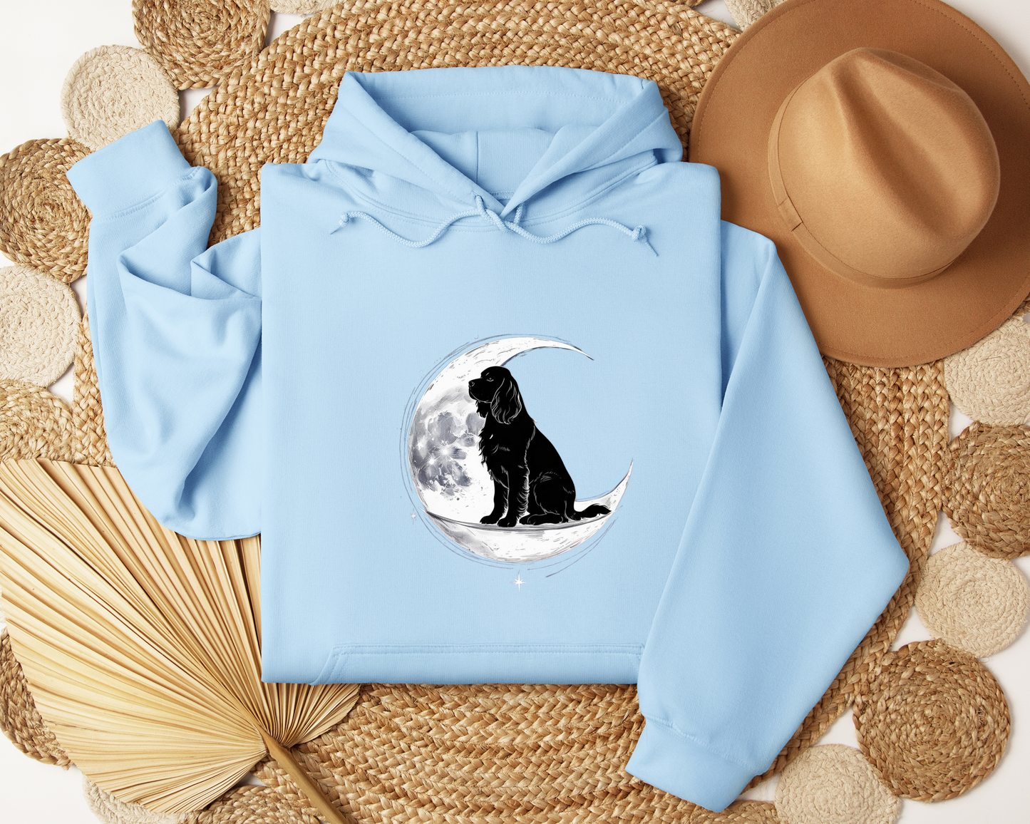 Dog On Crescent Moon Hoodie - Lunar Aesthetic Sweatshirt, Starry Night Pet Lover Gift, Cozy Unisex Hoodie, Celestial Dog Hoodie.