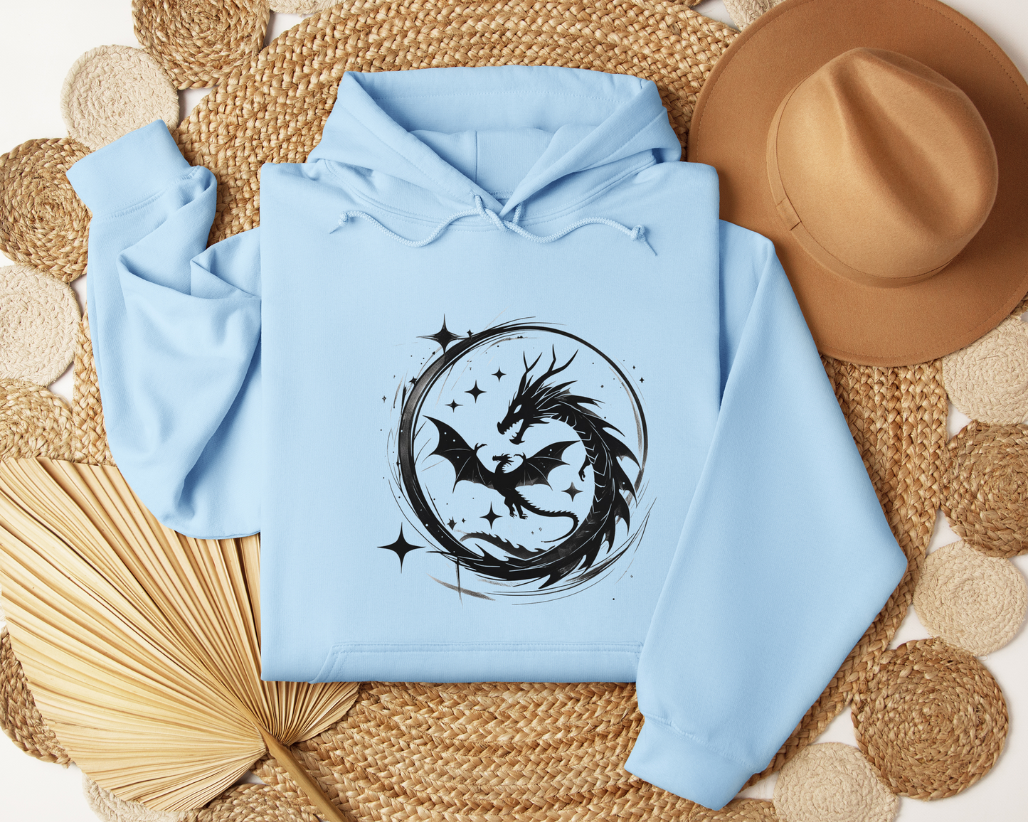 Dragon Circle Hoodie – Fantasy Dragon Sweatshirt, Celestial Stars Hoodie, Mystic Clothing, Gamer Gift, Witchy Dragon Apparel, Book Lover Gift