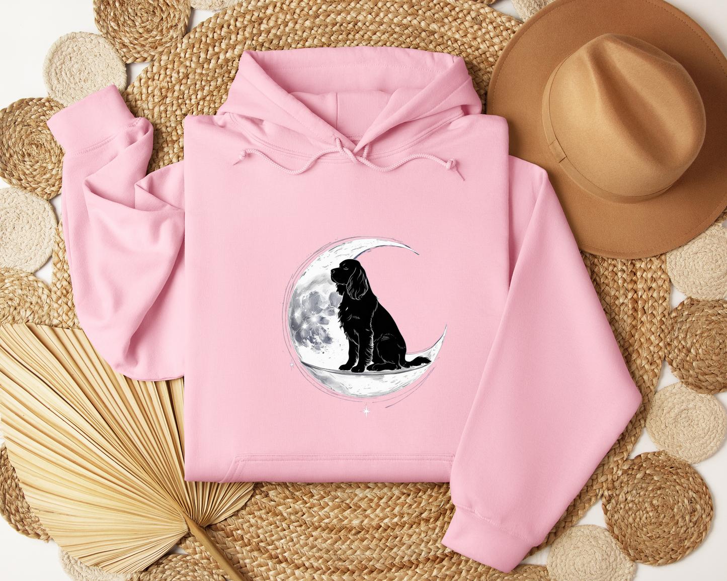 Dog On Crescent Moon Hoodie - Lunar Aesthetic Sweatshirt, Starry Night Pet Lover Gift, Cozy Unisex Hoodie, Celestial Dog Hoodie.