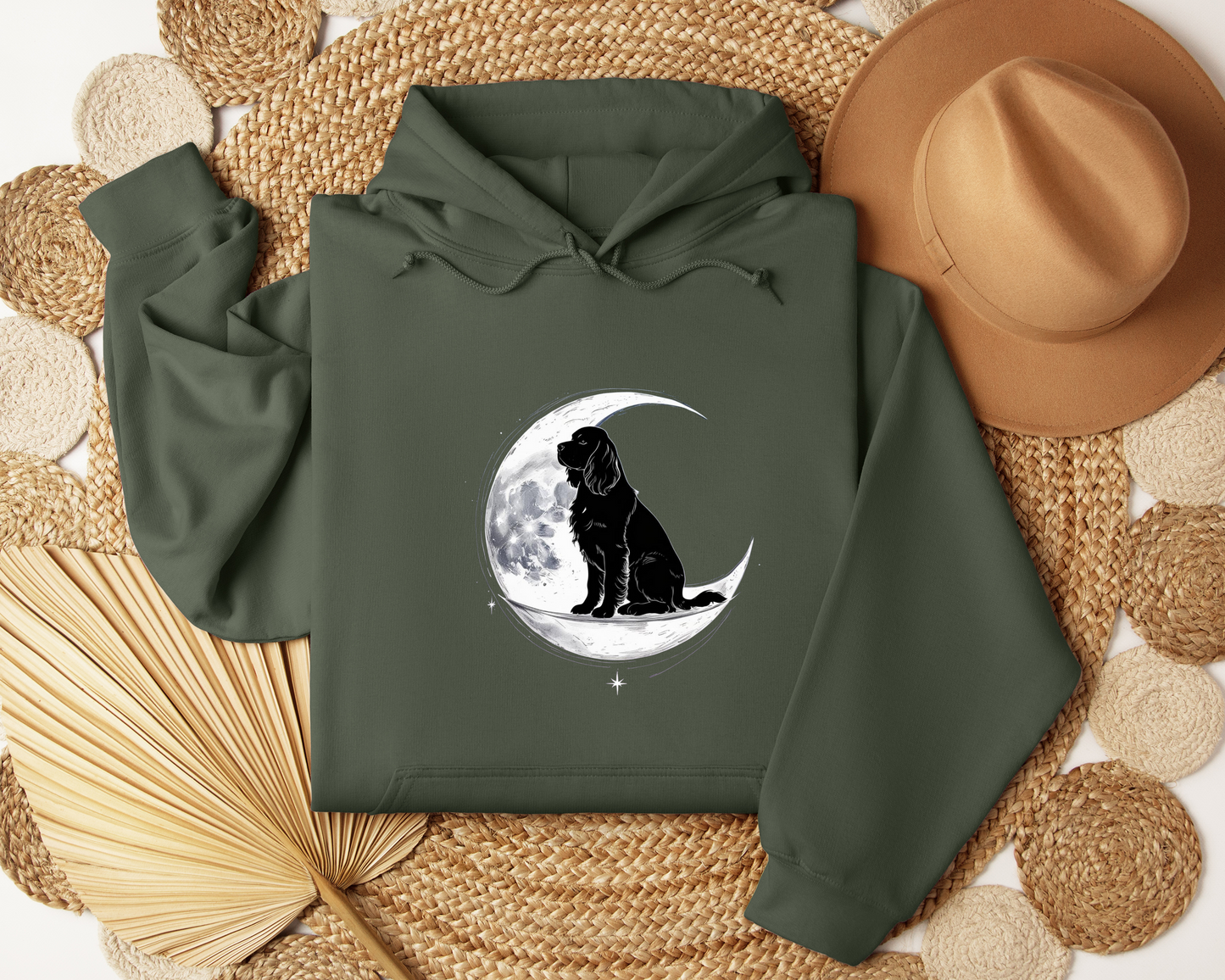 Dog On Crescent Moon Hoodie - Lunar Aesthetic Sweatshirt, Starry Night Pet Lover Gift, Cozy Unisex Hoodie, Celestial Dog Hoodie.