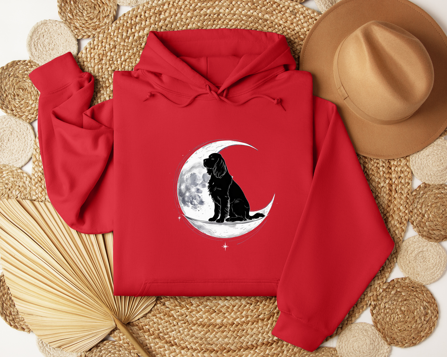 Dog On Crescent Moon Hoodie - Lunar Aesthetic Sweatshirt, Starry Night Pet Lover Gift, Cozy Unisex Hoodie, Celestial Dog Hoodie.