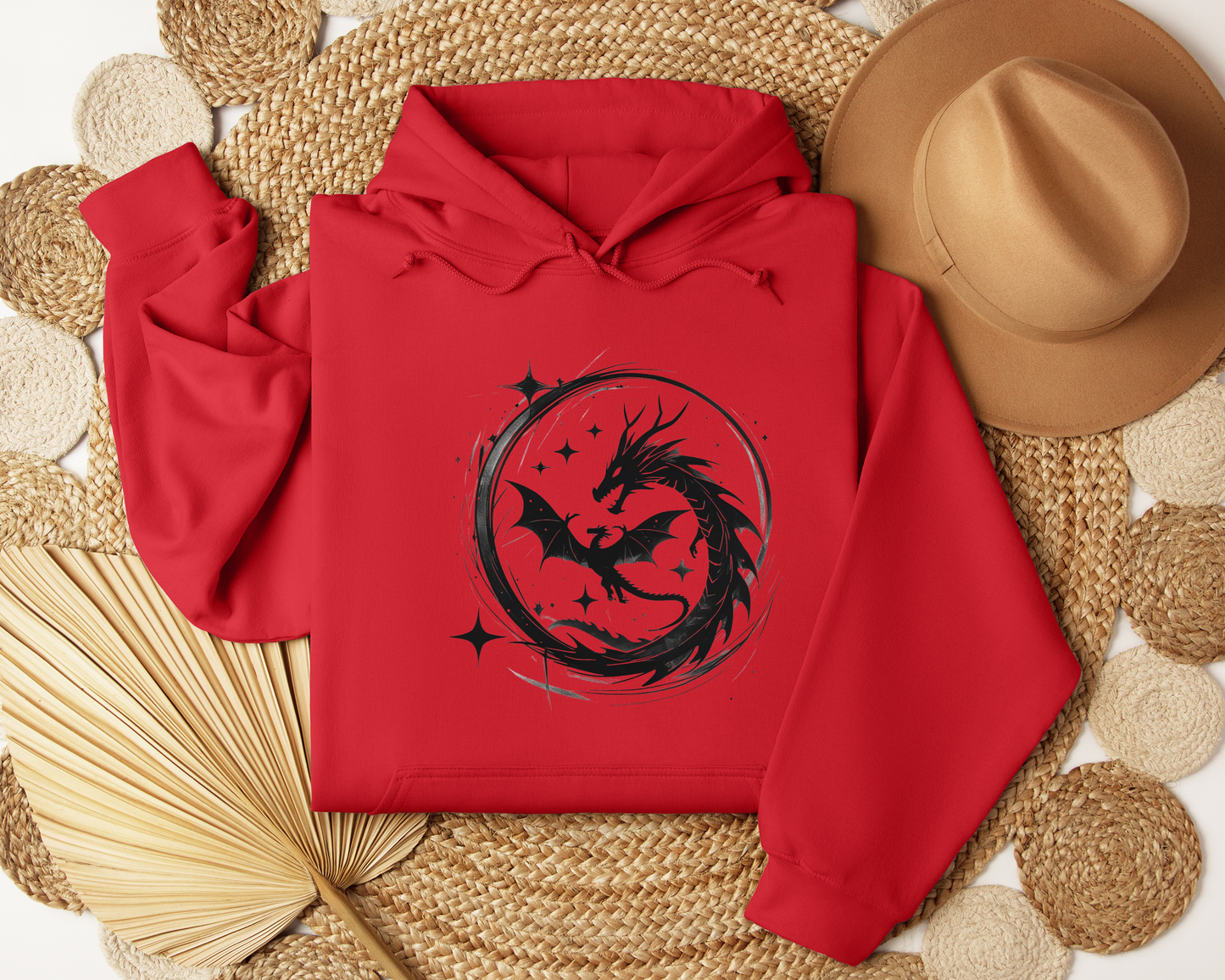 Dragon Circle Hoodie – Fantasy Dragon Sweatshirt, Celestial Stars Hoodie, Mystic Clothing, Gamer Gift, Witchy Dragon Apparel, Book Lover Gift